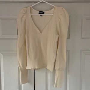 Express Ivory Ribbed V-Neck Sweater with Puff Shoulders